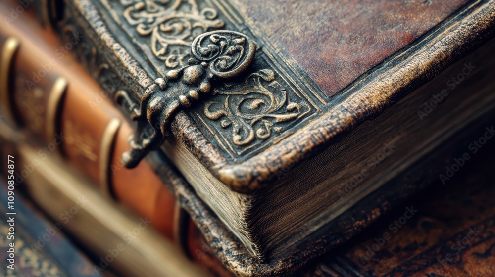 Poster close-up view of the spine of an ancient book featuring intricate designs and a decorative clasp
