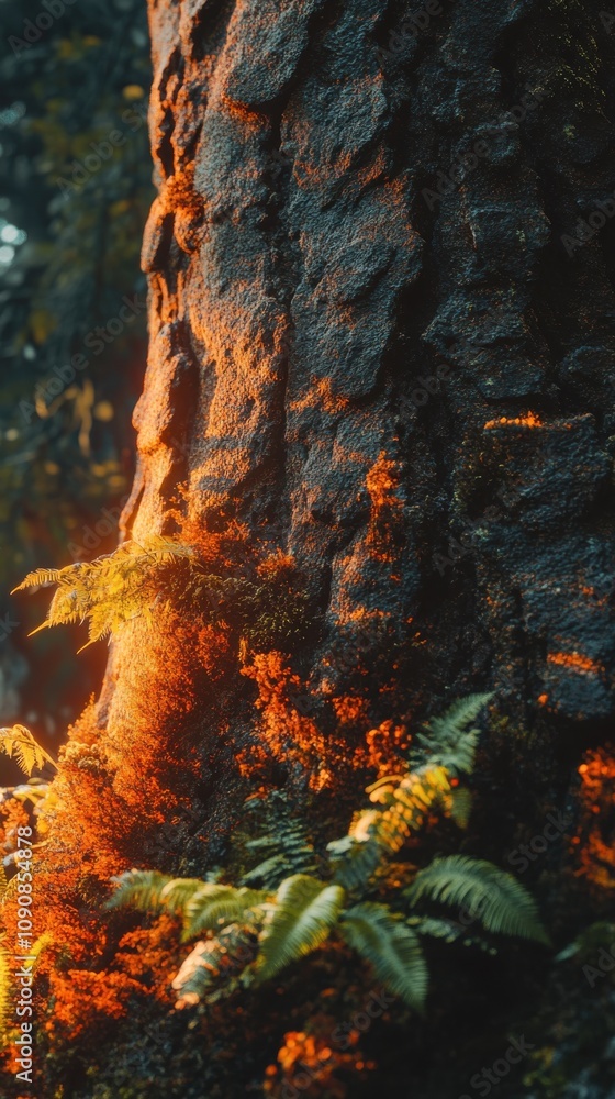 Poster a close-up view of textured bark with ferns illuminated by sunset in a lush forest