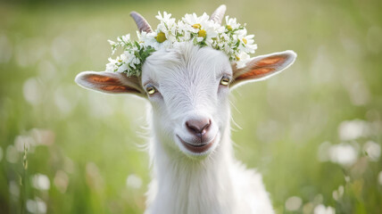 Obraz premium Goat with a Flower Crown