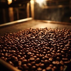 Fototapeta premium A close-up of freshly roasted coffee beans spread out on a cooling tray in a cozy café setting, capturing their rich color and texture