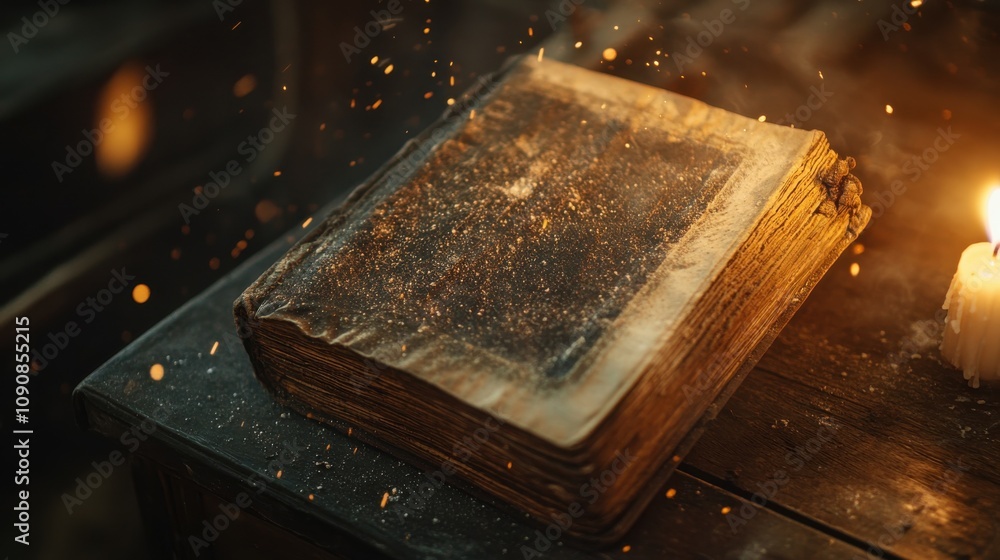 Poster a close-up view of a weathered leather-bound book resting on a table illuminated by soft candlelight