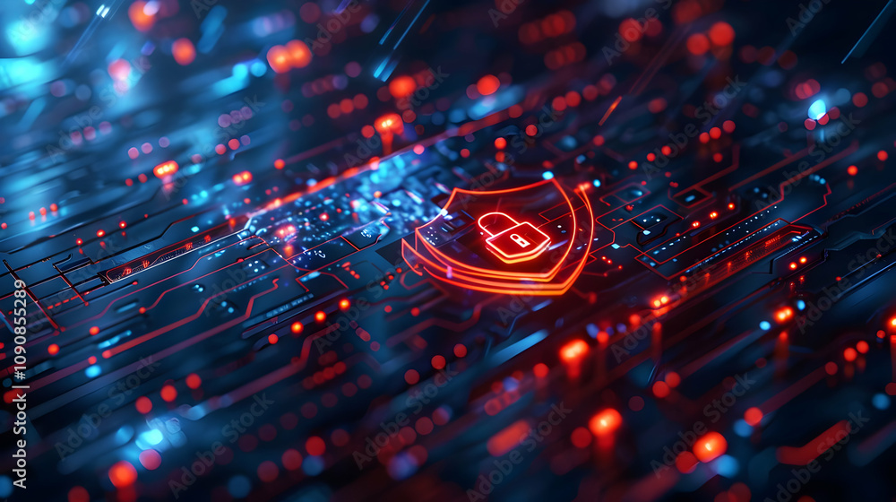 Poster cybersecurity shield: digital lock protecting circuit board's data with futuristic glow