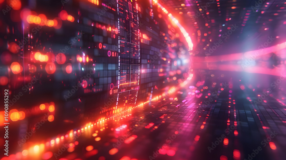 Poster abstract 3d digital tunnel background with glowing lights and data streams, futuristic neon design