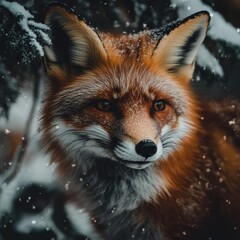 Obraz premium A red fox emerges from its snowy den, showcasing its vibrant fur and curious expression in a winter wonderland