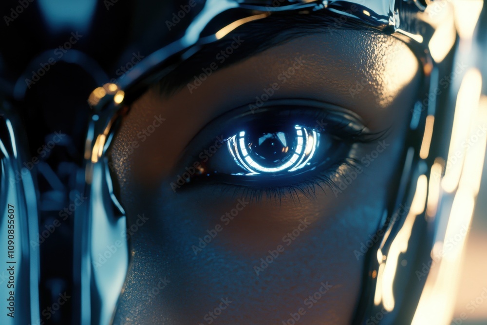 Poster a close-up view of a humanoid ai robot with an illuminated eye showcasing advanced technology and in