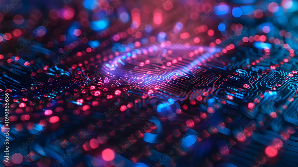 Poster abstract 3d circuit board background with glowing pink and blue traces and nodes, illuminated with d
