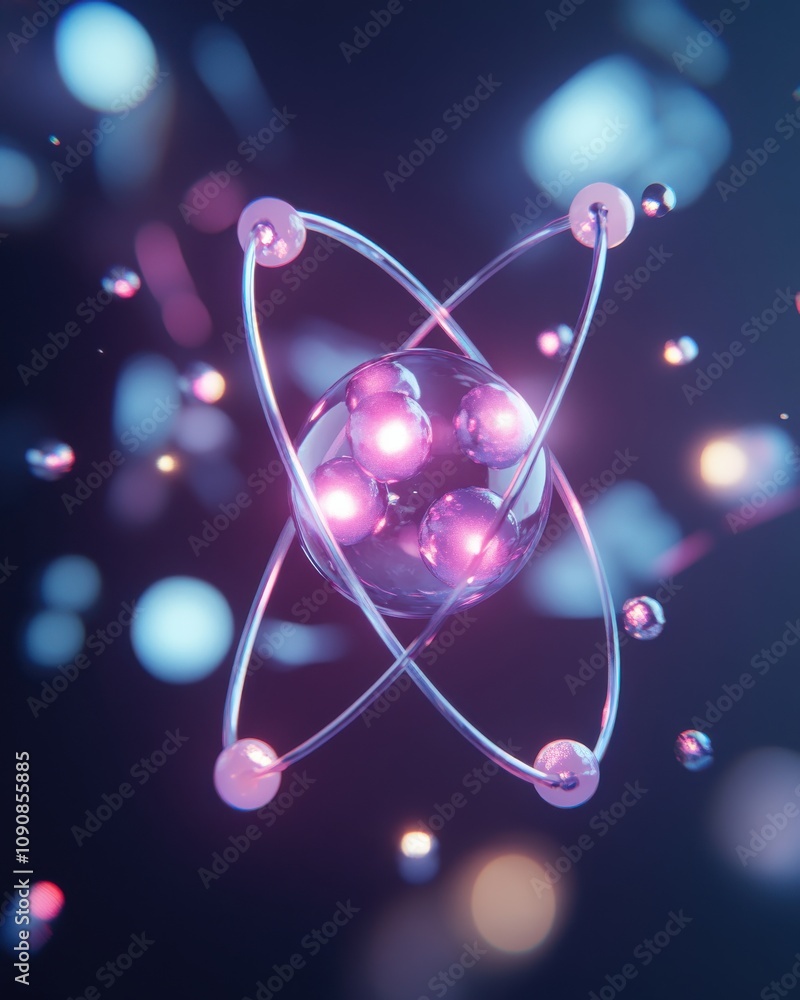 Poster a vibrant close-up view of a glowing atom showcasing electron orbits and energetic particles in a da