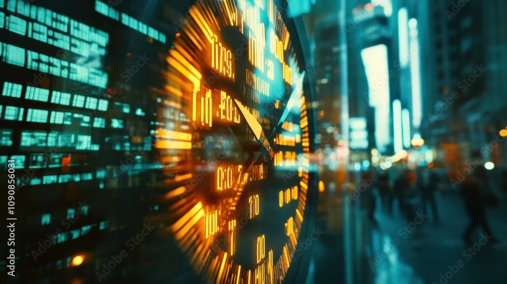 Aufkleber a dynamic urban double exposure of a running figure intermingling with a clock amidst vibrant city l