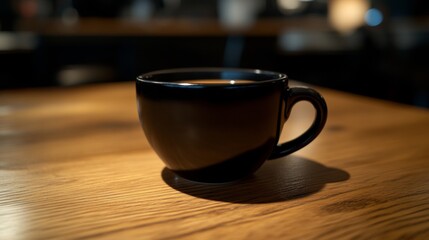 Obraz premium Steaming Black Coffee in a Round Cup on a Rustic Wooden Table with Blurred Restaurant Background