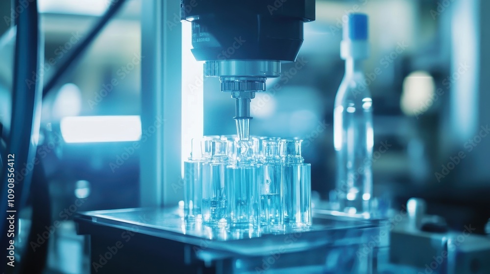 Poster a laboratory setup with a precision machine dispensing into glass vials.