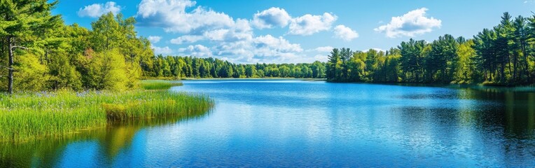 Obraz premium A tranquil afternoon view of clear waters reflecting the lush trees under a bright blue sky