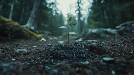 A tiny sapling sprouting from the rich soil of a forest floor.