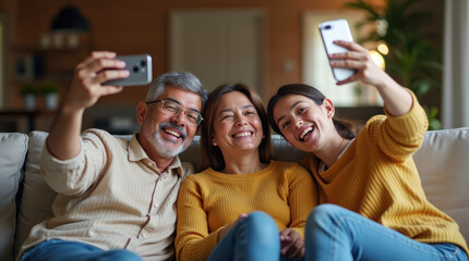 Fototapeta premium Multigenerational Family Enjoys a Cozy Selfie Together on a Sofa