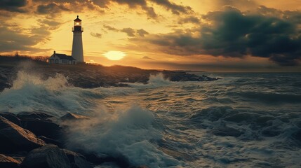 Fototapeta premium A stunning sunset over the historic lighthouse with crashing waves along the rocky shore