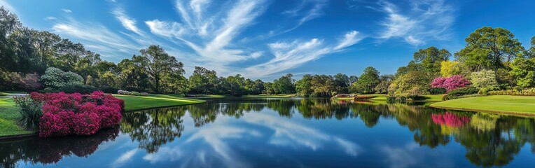 Obraz premium A stunning view of a historic plantation with blooming flowers and a serene reflecting pond under a clear blue sky