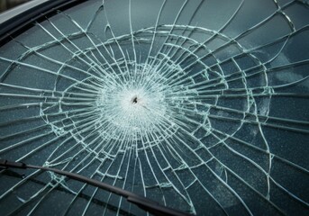 Obraz premium Cracked windshield with detailed shatter patterns on glass surface