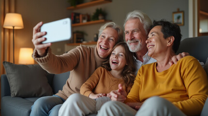 Fototapeta premium Multigenerational Family Enjoying a Cozy Selfie Moment on the Sofa