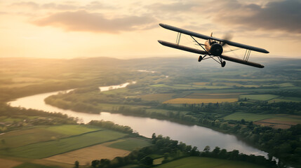 Fototapeta premium A classic propeller-driven biplane flying over a scenic countryside, with fields and rivers visible below, evoking nostalgia for aviation's early days. A biplane flying over rural landscapes.