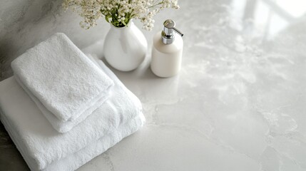 Fresh white towels stacked on a marble bathroom counter, complemented by a vase of flowers and a soap dispenser for an elegant touch.
