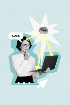 Vertical photo collage of serious freelancer girl hold laptop lock decode eyeball safety password arrow isolated on painted background