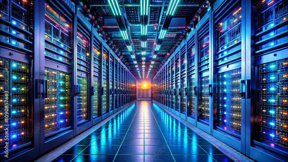 Poster long exposure of rows of brightly lit server racks in a modern data center, showcasing advanced tech