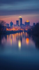 Fototapeta premium Stunning twilight view of downtown Indianapolis reflected in the calm waters of the river, showcasing the skyline's vibrant lights