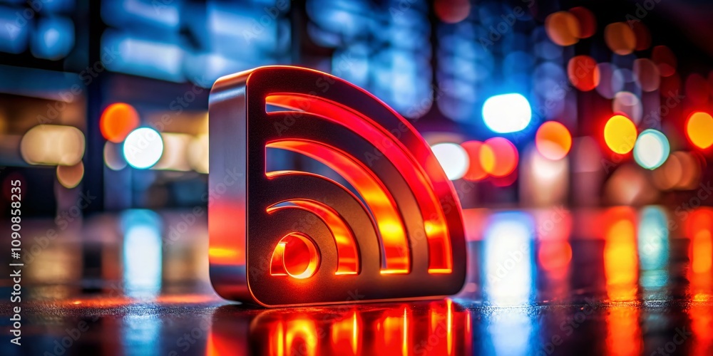 Poster low light photography of a 3d red rss feed symbol representing modern communication technology in a 