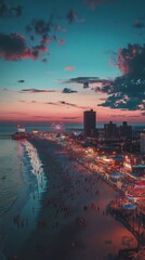 A stunning view of Atlantic City's vibrant beachfront and boardwalk under a colorful sunset sky with bustling crowds