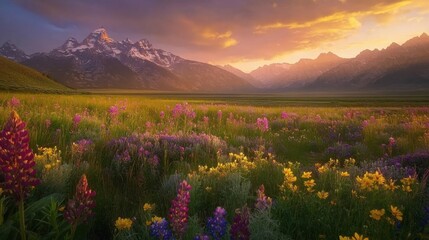 Fototapeta premium Stunning sunset over Teton Valley adorned with vibrant wildflowers in full bloom