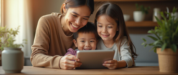 Children Enjoy Video Call With Parent During Cozy Family Moment