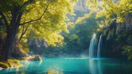 A serene afternoon by the turquoise waters and lush greenery of a hidden waterfall oasis