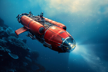 Fototapeta premium Beautiful large bathyscaphe floating in middle of ocean during exploration