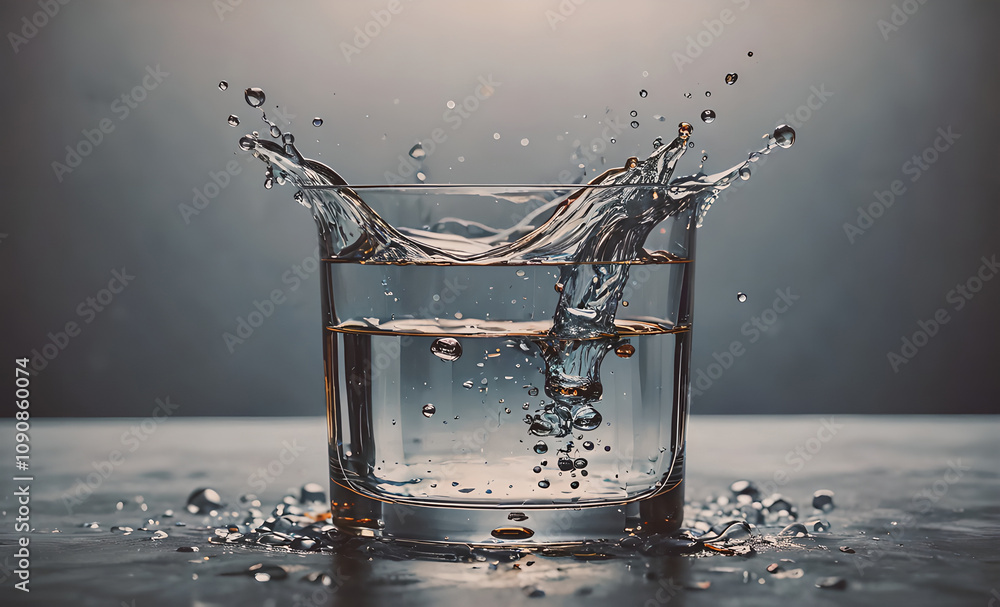 Poster glass of water with a splash of water on the table. the splash is in the shape of a splash. superher