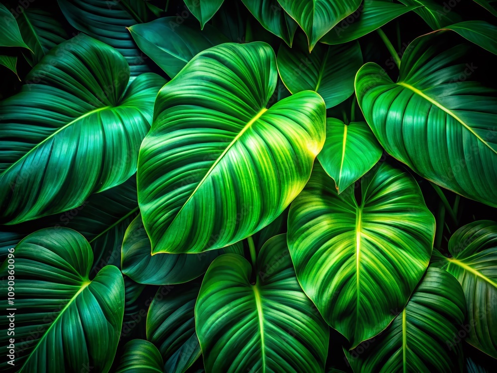 Poster lush green tropical leaves in long exposure against a dark background creating a mysterious atmosphe