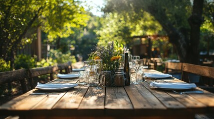 Obraz premium Rustic wooden tables set for a hearty meal outdoors, showcasing local produce and homemade dishes.