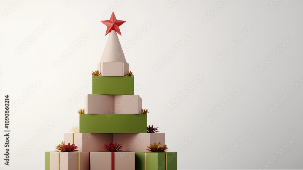 Poster christmas tree made of boxes with a star on top. the boxes are stacked in a pyramid shape, and the t