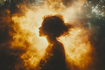 Naklejka premium Woman surrounded by flames in a mystical forest setting at twilight
