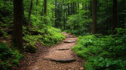 Fototapeta premium Scenic hiking trails winding through dense forests, leading to breathtaking viewpoints and hidden waterfalls.