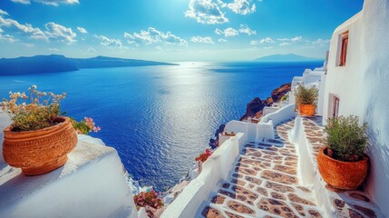 Obraz premium Scenic view of whitewashed buildings on a hillside overlooking the deep blue sea under a bright sky.