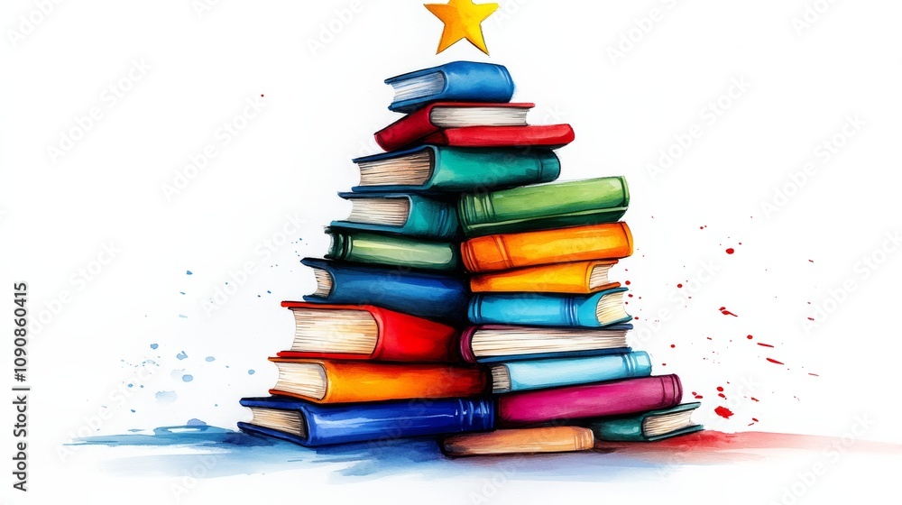 Poster stack of books is piled on top of each other to form a christmas tree. the books are of various size
