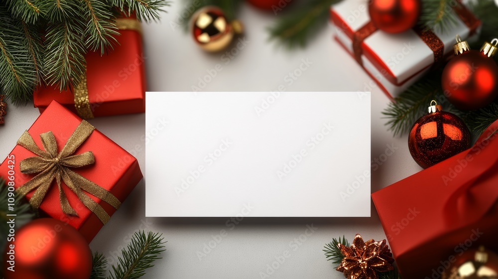 Poster white card sits on a table next to several red boxes and red balls. the scene is festive and cheerfu