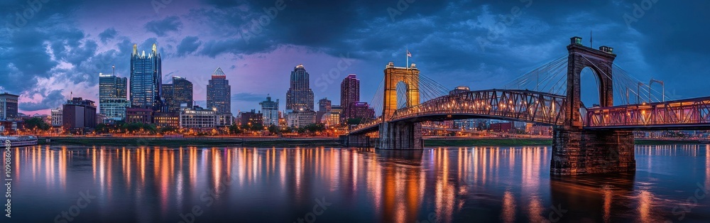 Poster captivating evening view of cincinnati skyline illuminated by city lights reflecting on the river