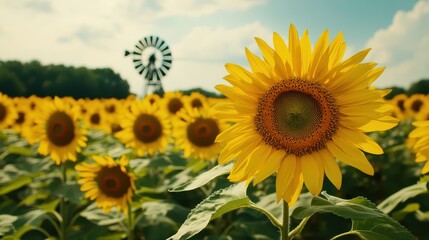 Fototapeta premium A vibrant sunflower field with a traditional windmill in the background.