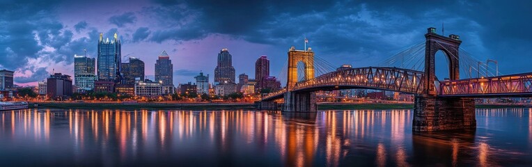 Obraz premium Captivating evening view of Cincinnati skyline illuminated by city lights reflecting on the river