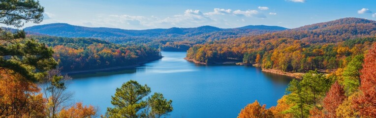 Experience the stunning autumn colors at Oak Mountain State Park with a breathtaking view of the lake and surrounding mountains