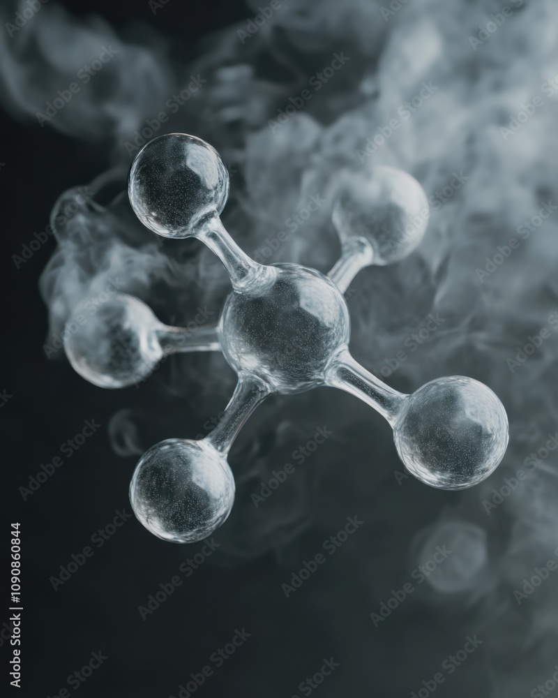 Poster A detailed representation of a water molecule showing its structure amidst a misty backdrop in a laboratory setting