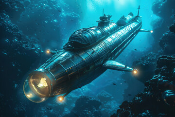 Obraz premium Beautiful large bathyscaphe floating in middle of ocean during exploration