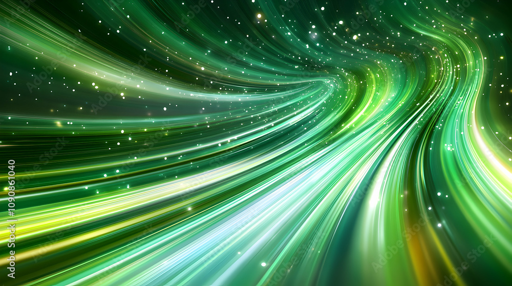 Poster Abstract Green Light Streaks Background: A Dynamic 3D Illustration of Swirling, Glowing Lines with Sparkling Particles, Creating a Futuristic and Energetic Visual.