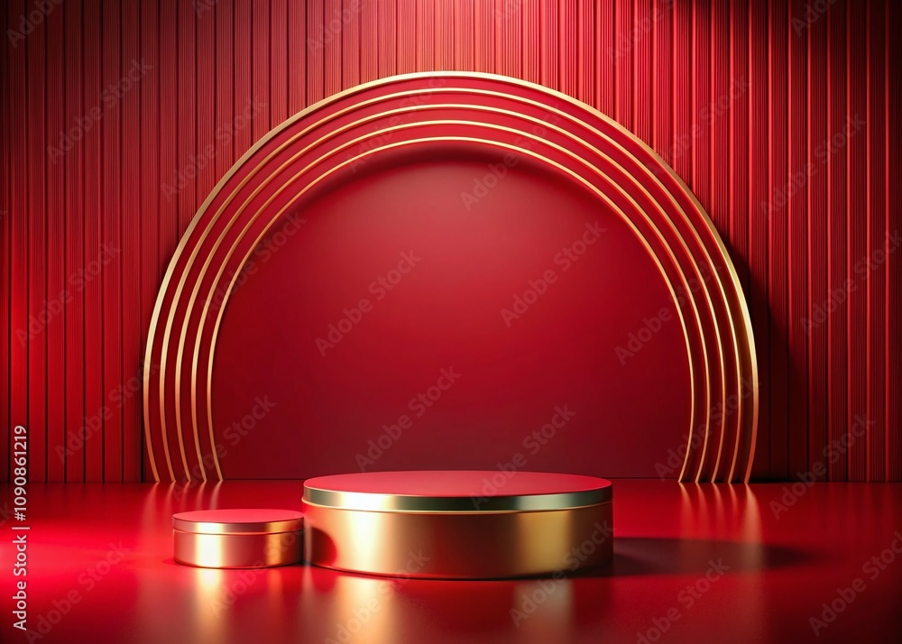 Poster luxurious red podium stage for product presentation with 3d lighting and abstract design in a modern