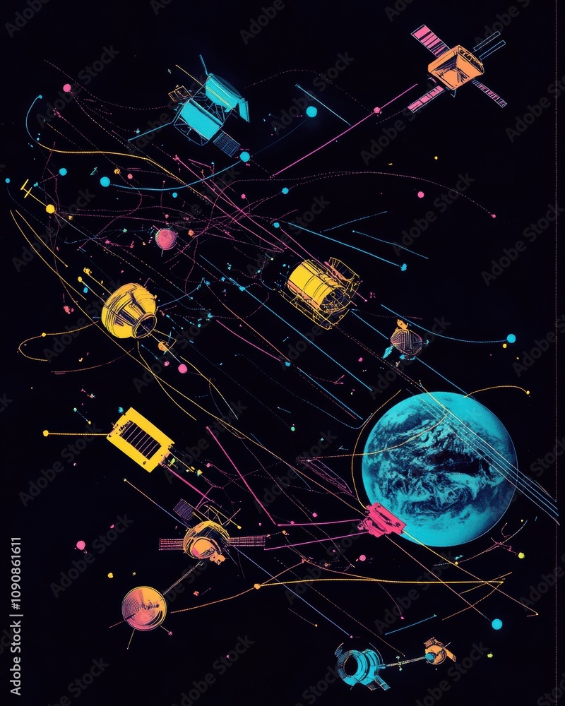 Poster Graphic representation of satellites orbiting Earth in a dynamic display of technology and innovation
